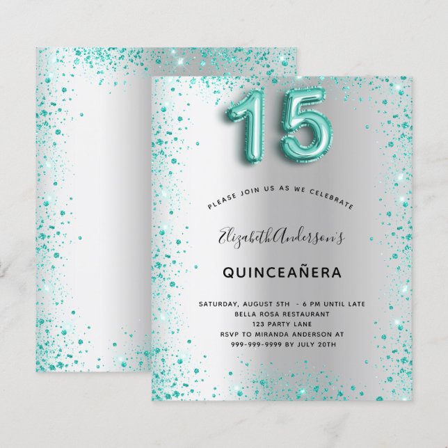 Lámina Invitación del purpurina verde azulado plateado de (Anverso / Reverso)