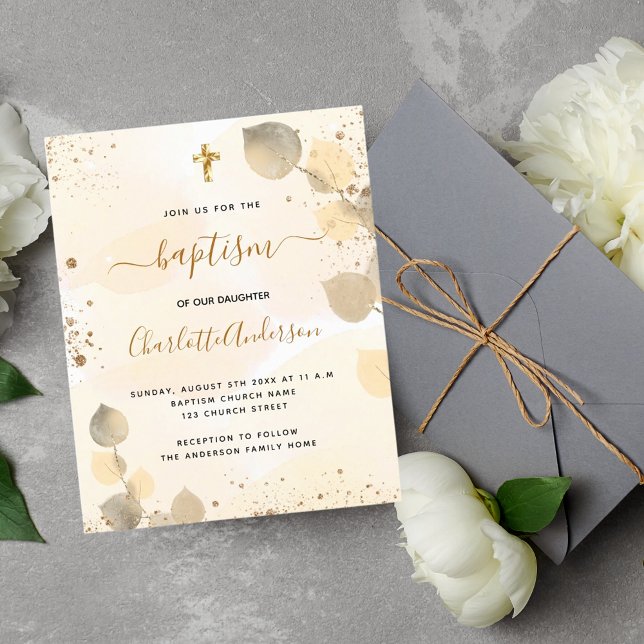 Lámina Invitación dorada del bautismo eucalipto verde (Subido por el creador)