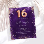 Lámina Invitación dorada dulce 16 rosa púrpura<br><div class="desc">Celebra un Sweet 16 especial con esta impresionante invitación, perfecto para un fiesta elegante. El fondo morado profundo presenta una hermosa textura desigual, acentuada por el oro rosa y el purpurina de imitación dorado para un toque de brillo. El nombre está escrito en un guión delicado y con letras a...</div>