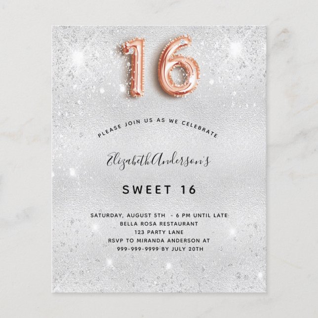 Lámina Invitación dulce rosa de plata 16 para el presupue (Anverso)