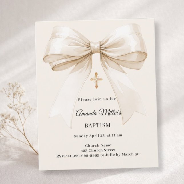 Lámina Invitación elegante de bautizo con lazo beige (Subido por el creador)