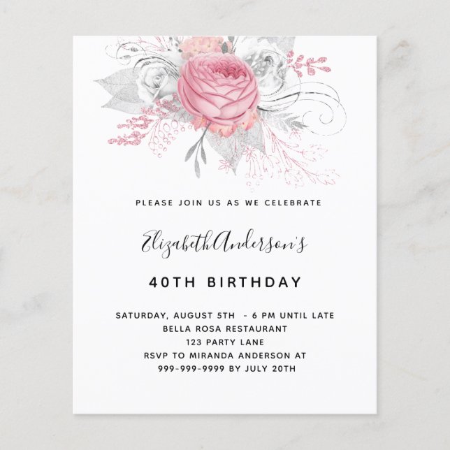 Lámina Invitación elegante de cumpleaños con flores rosad (Anverso)
