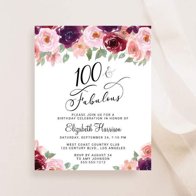 Lámina Invitación elegante de cumpleaños número 100 con f (100 & Fabulous: Toast to a Life Well Celebrated!)
