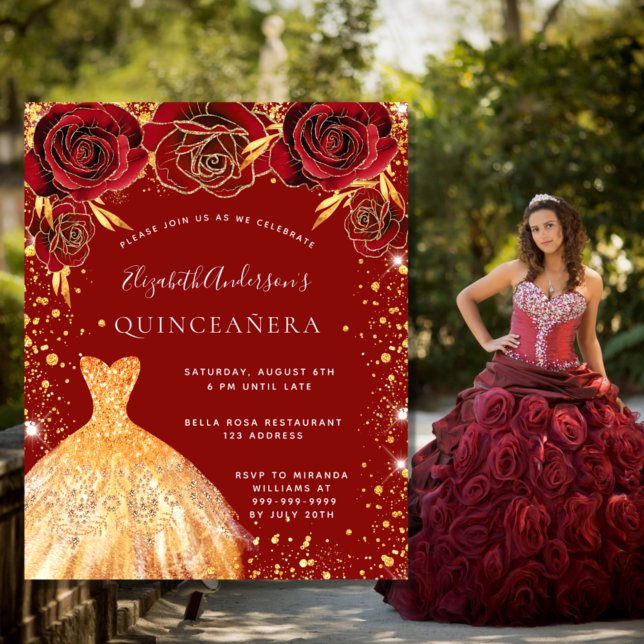 Lámina Invitación floral al vestido de oro rojo Quinceane (Subido por el creador)