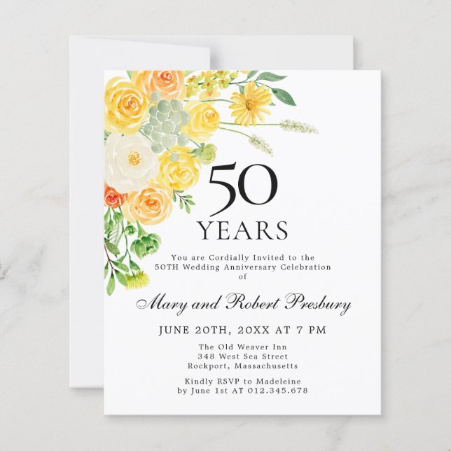 Lámina Invitación floral amarilla al 50 aniversario del p (Anverso)