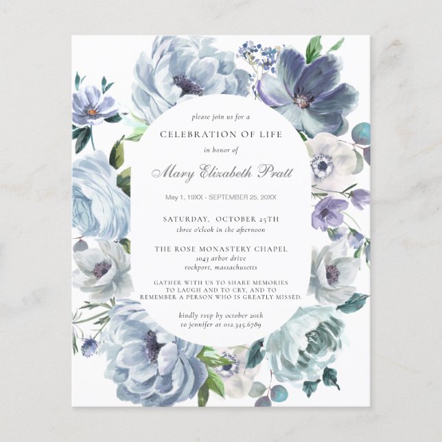 Lámina Invitación floral azul turbia del funeral del pres (Anverso)