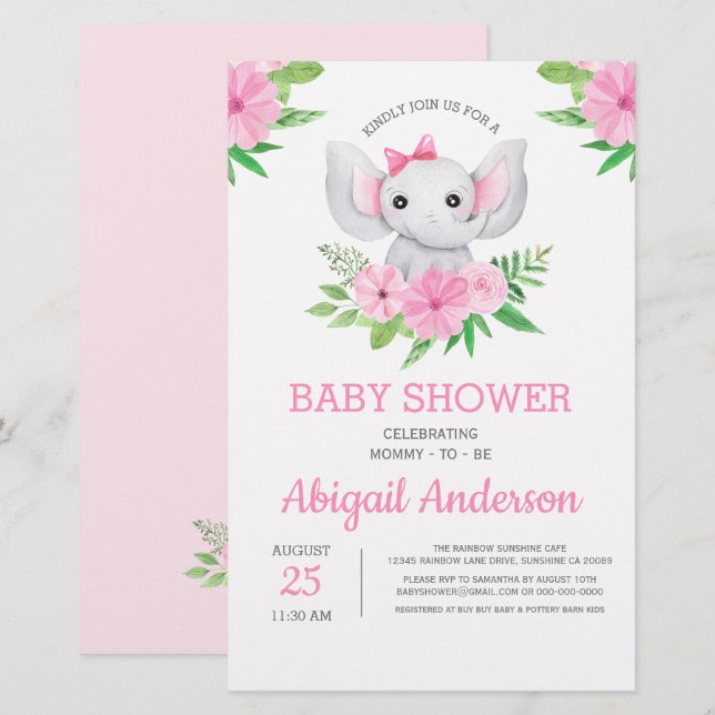 Lámina Invitación floral Baby Shower para Elephant de PRE (Anverso / Reverso)