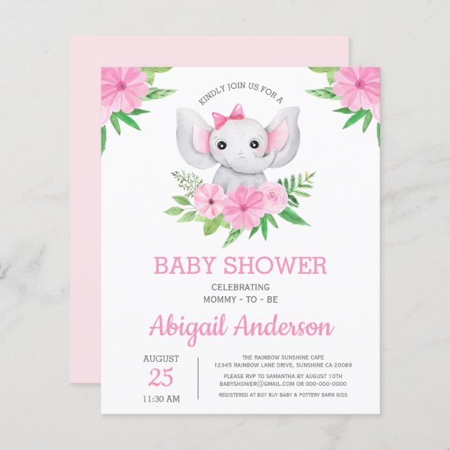 Lámina Invitación floral Baby Shower para Elephant de PRE (Anverso / Reverso)
