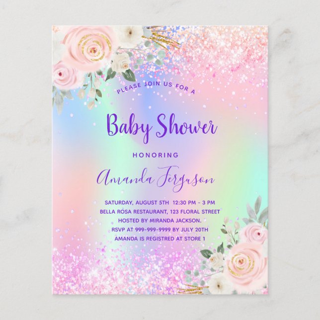 Lámina Invitación floral Baby Shower púrpura rosa (Anverso)