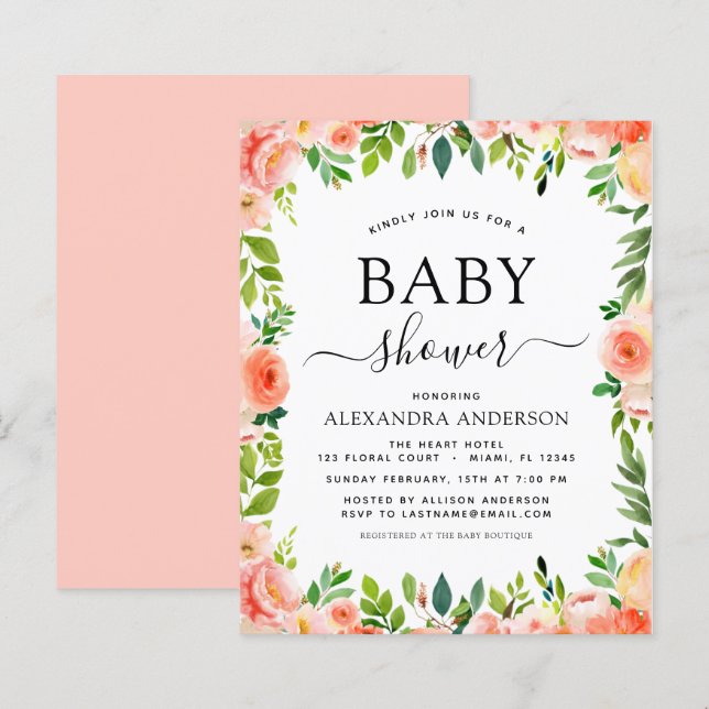 Lámina Invitación floral de Baby Shower de Budget Coral P (Anverso / Reverso)