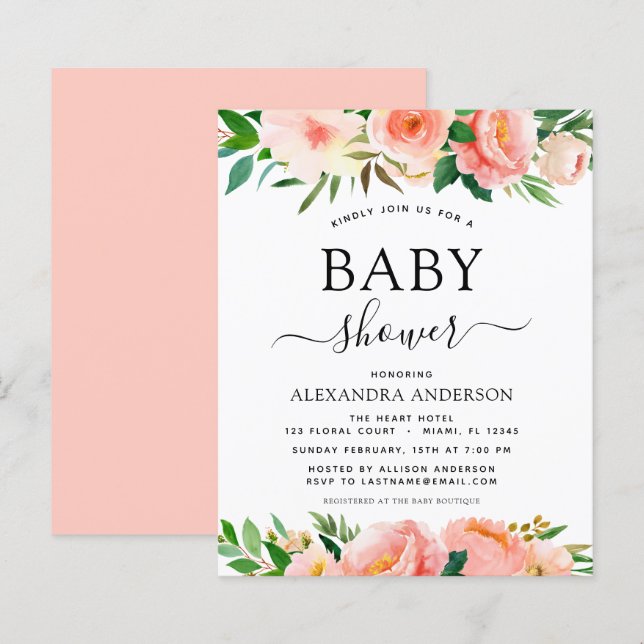 Lámina Invitación floral de Baby Shower de Budget Coral P (Anverso / Reverso)