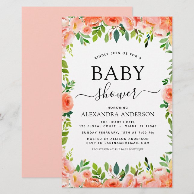 Lámina Invitación floral de Baby Shower de Budget Coral P (Anverso / Reverso)