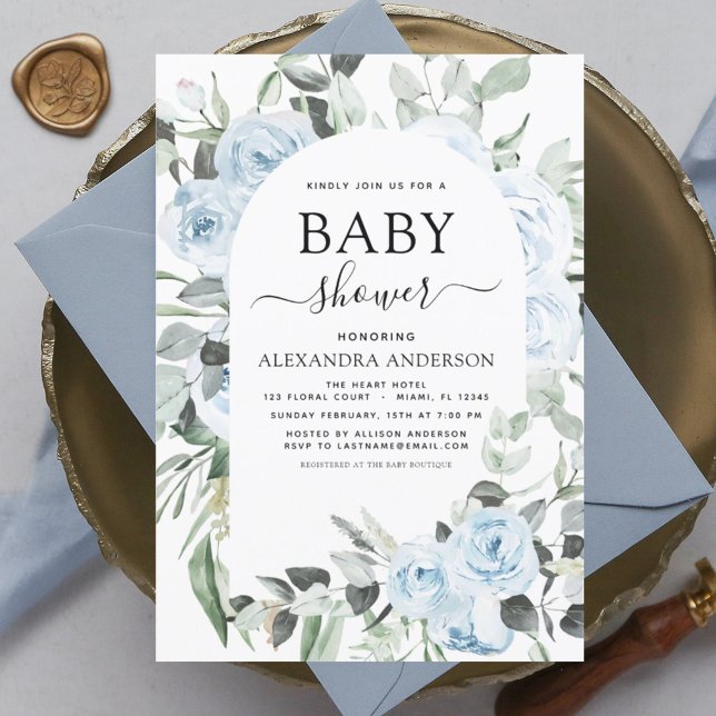 Lámina Invitación floral de Baby Shower Dusty Blue con pr (Subido por el creador)