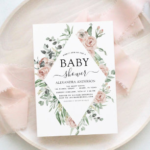 Lámina Invitación floral de Baby Shower rosada y polvorie