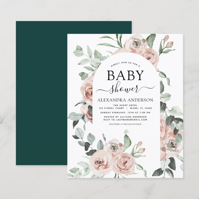 Lámina Invitación floral de Baby Shower verde esmeralda p (Anverso / Reverso)