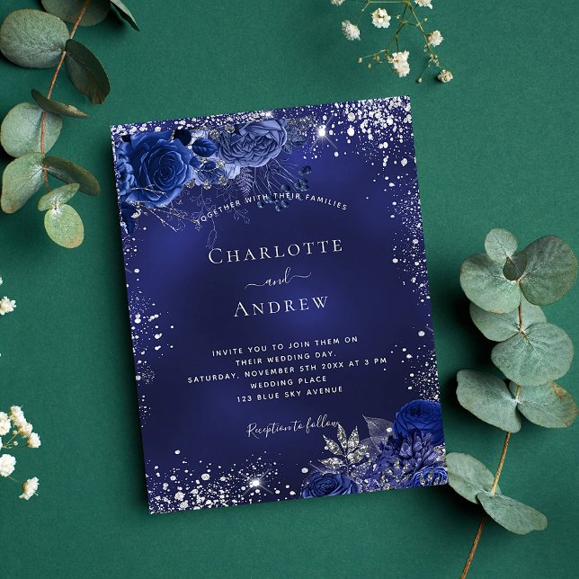 Lámina Invitación floral de boda azul marino de plata con (Subido por el creador)