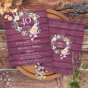 Lámina Invitación floral de madera rústica rubí del 40 an