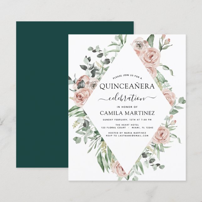 Lámina Invitación floral de Quinceañera verde esmeralda (Anverso / Reverso)