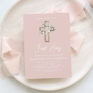 Lámina Invitación floral de Rubor Pink First Holy Communi