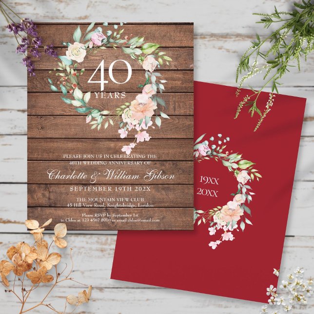 Lámina Invitación floral de Ruby Rustic a 40 Aniversario (Budget Rustic 40th Anniversary Ruby Floral Invite)
