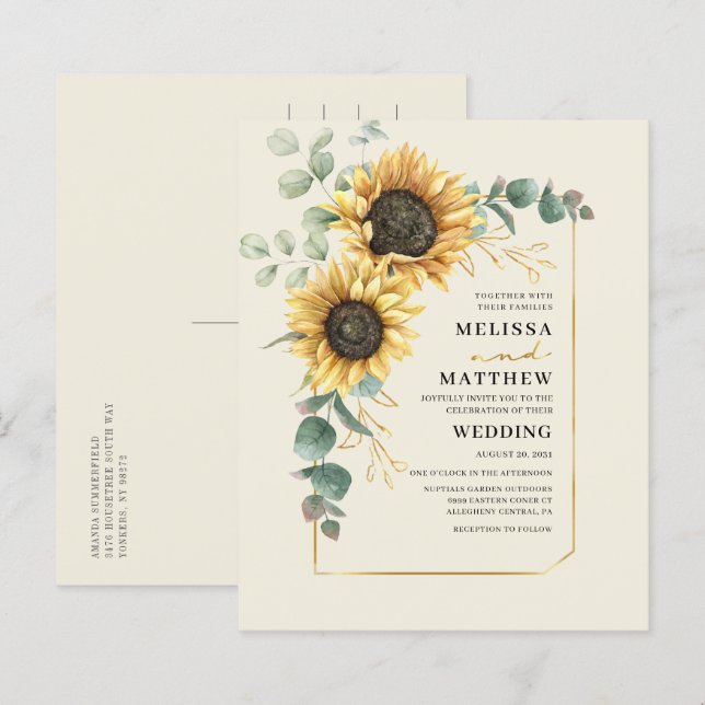 Lámina Invitación floral del girasol Eucalyptus Boda (Anverso / Reverso)