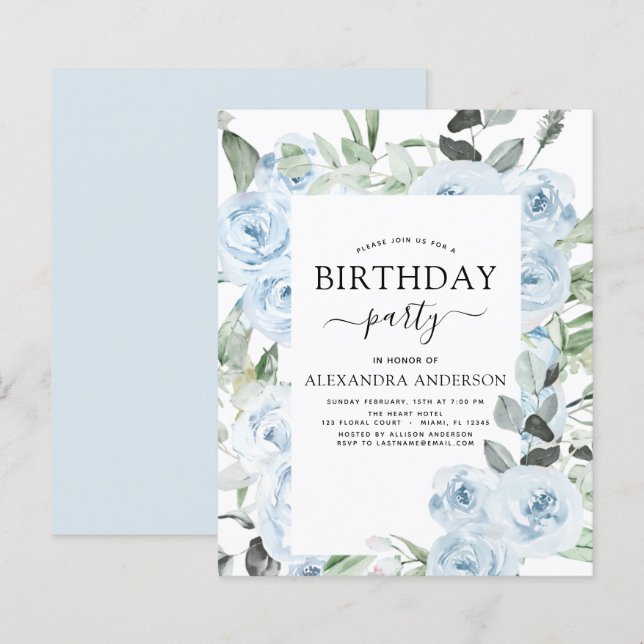 Lámina Invitación floral del Partido del Cumpleaños Azul  (Anverso / Reverso)