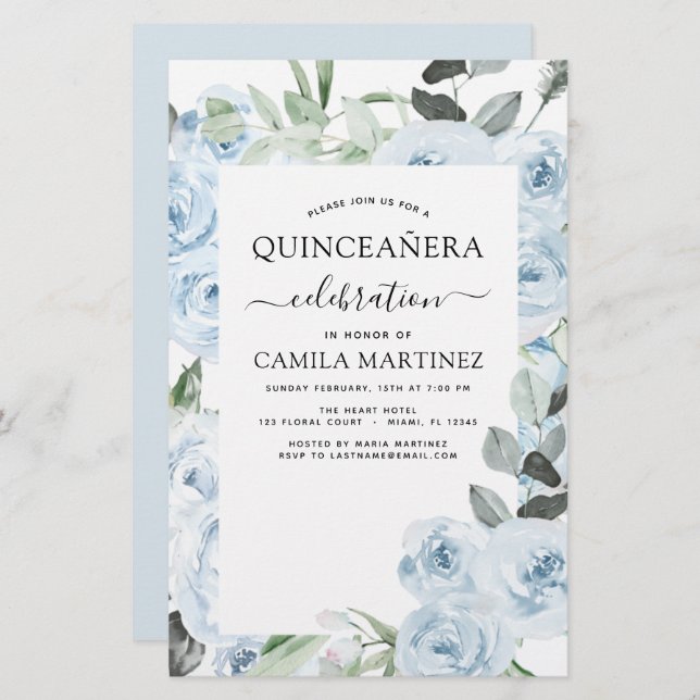 Lámina Invitación floral Dusty Blue Quinceañera (Anverso / Reverso)