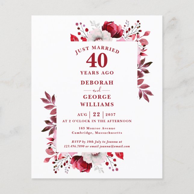 Lámina Invitación floral para 40º aniversario de boda con (Anverso)