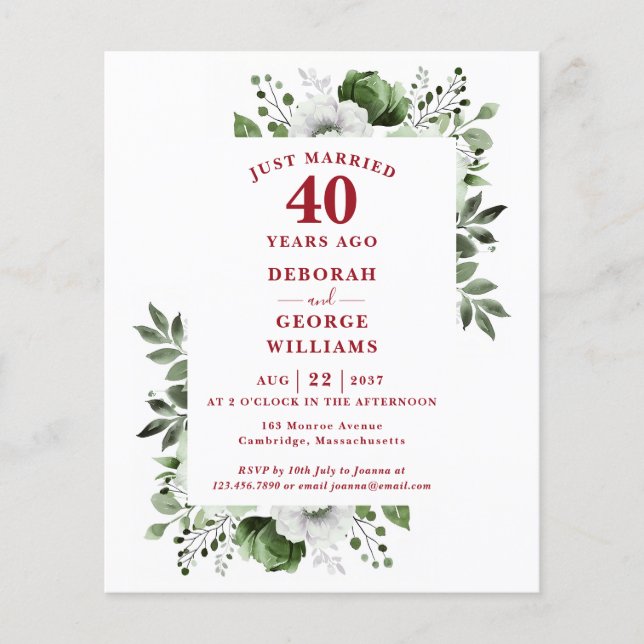 Lámina Invitación floral para 40º aniversario de boda Pre (Anverso)