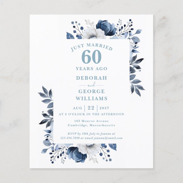 Lámina Invitación floral para aniversario de bodas 60 año (Anverso)