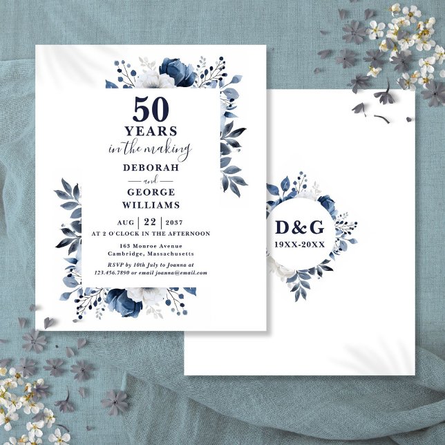 Lámina Invitación floral para aniversario de bodas de 50  (Budget Navy 50th Wedding Anniversary Floral Invite)