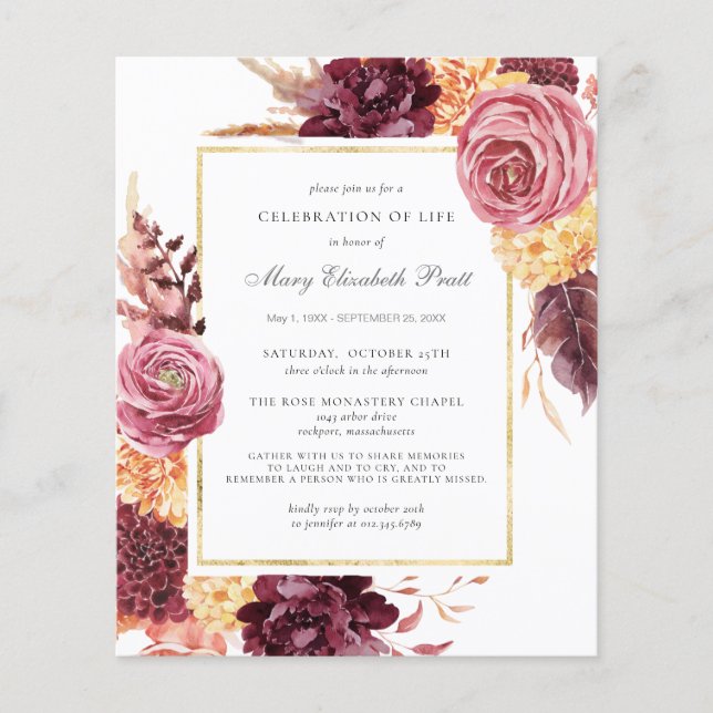 Lámina Invitación floral rosa borgoñona funeral (Anverso)