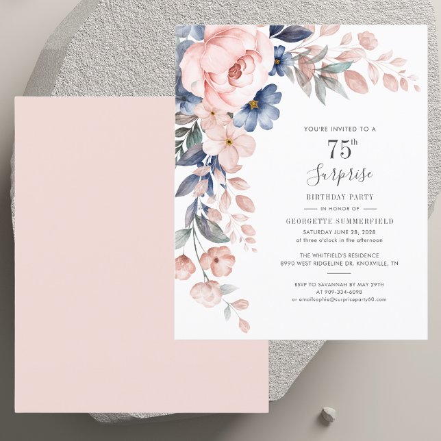 Lámina Invitación floral rosa botánica para 75 cumpleaños (Botanical Pink Floral 75th Birthday Invitation)