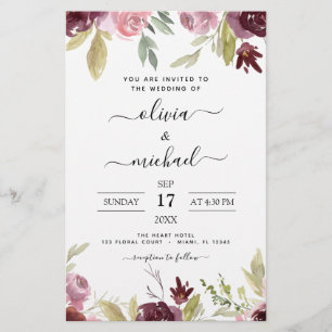 Lámina Invitación floral rosa de Borgoña Boda de presupue