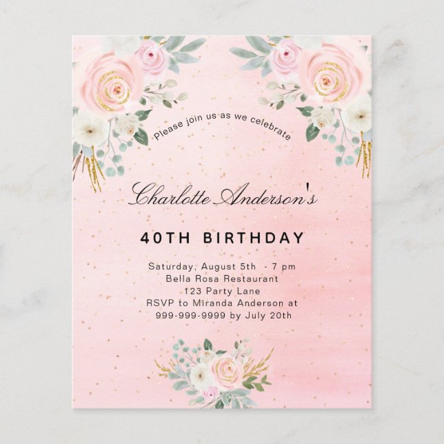 Lámina Invitación floral rosa de cumpleaños de presupuest (Anverso)