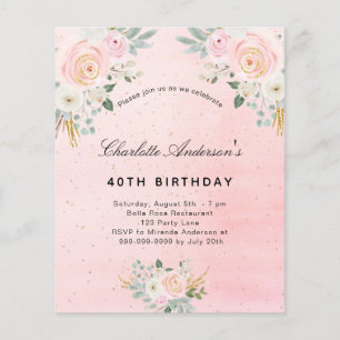 Lámina Invitación floral rosa de cumpleaños de presupuest