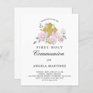 Lámina Invitación floral rosa de la primera comunión del
