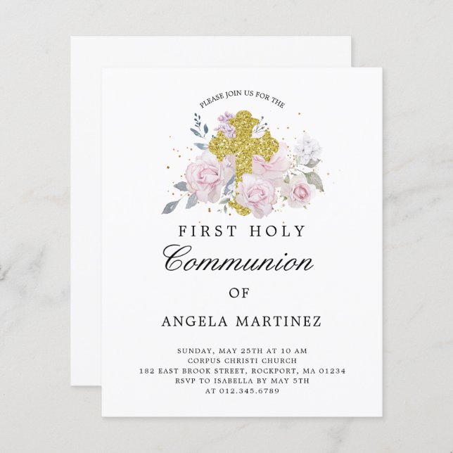 Lámina Invitación floral rosa de la primera comunión del  (Anverso / Reverso)