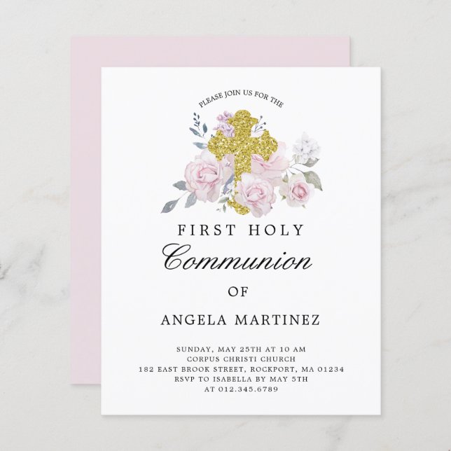 Lámina Invitación floral rosa de la primera comunión del  (Anverso / Reverso)