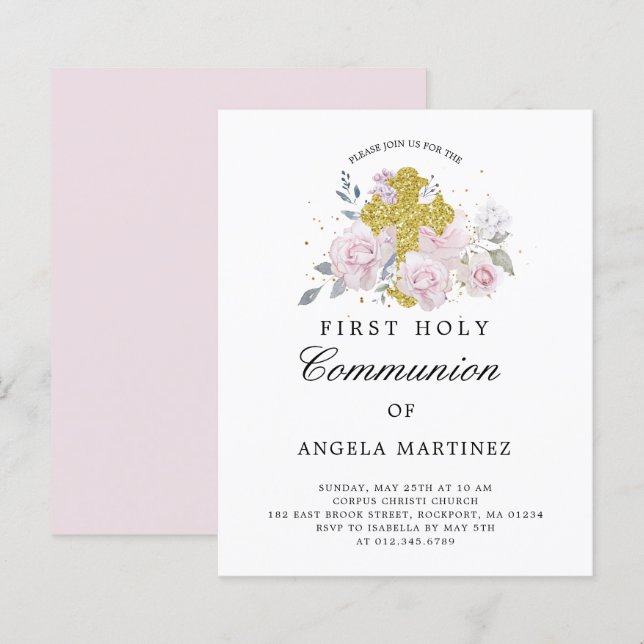 Lámina Invitación floral rosa de la primera comunión del  (Anverso / Reverso)