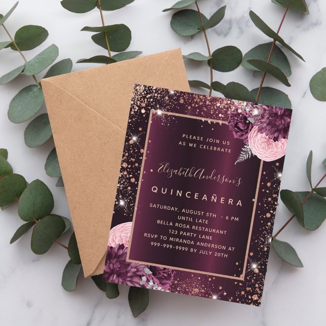 Lámina Invitación floral rosa de oro Quinceanera burgundy (Subido por el creador)