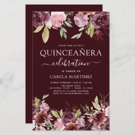 Lámina Invitación floral rosa de Quinceanera Borgoña