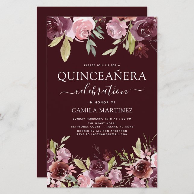 Lámina Invitación floral rosa de Quinceanera Borgoña (Anverso / Reverso)