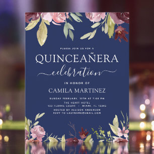 Lámina Invitación floral rosa de Quinceanera Borgoña
