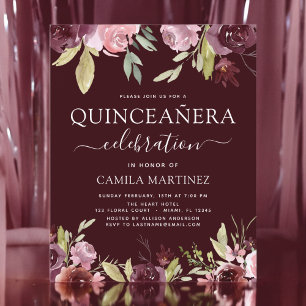 Lámina Invitación floral rosa de Quinceanera Borgoña