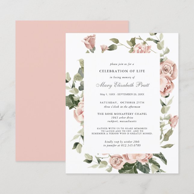Lámina Invitación floral rosa para celebración de vida co (Anverso / Reverso)