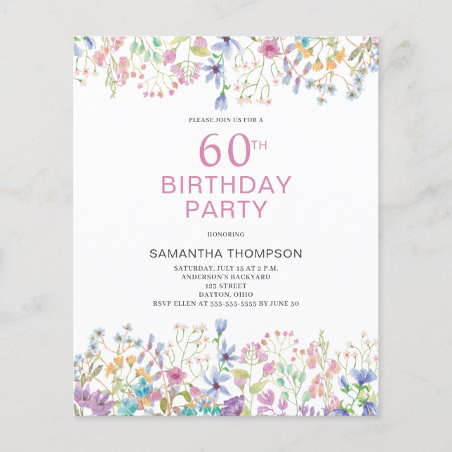 Lámina Invitación floral rosa para cumpleaños 60 económic (Anverso)