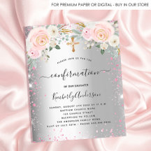 Invitación floral rosa plateado chica de confirmac