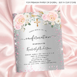 Lámina Invitación floral rosa plateado chica de confirmac