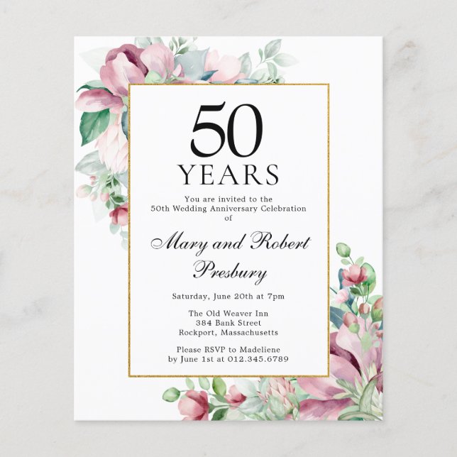 Lámina Invitación floral rosada al 50 aniversario del pre (Anverso)